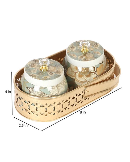 Bird Print Metal 2 Jars with Basket Set