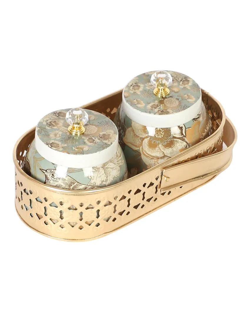 Bird Print Metal 2 Jars with Basket Set