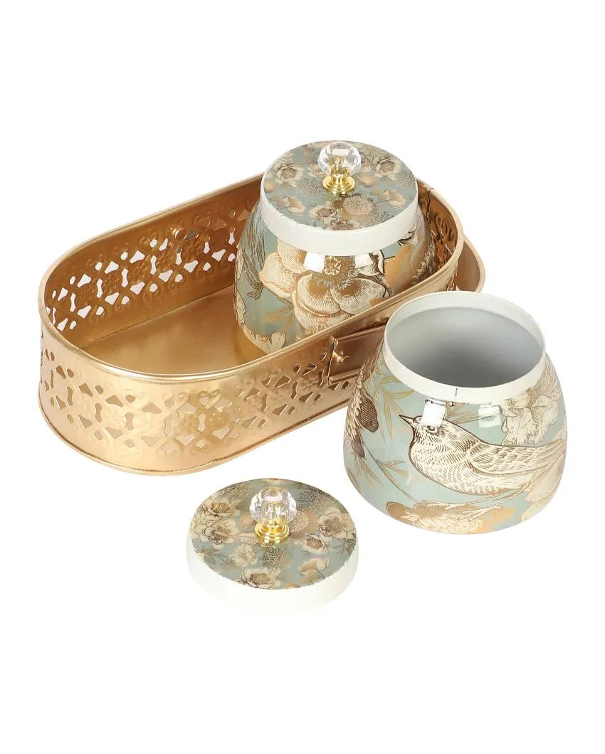 Bird Print Metal 2 Jars with Basket Set