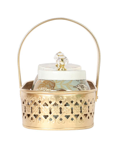 Bird Print Metal 2 Jars with Basket Set