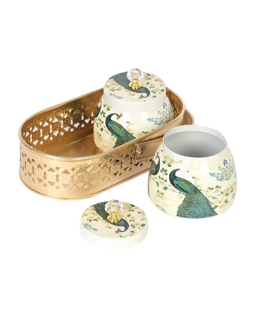 Green Peacock Print 2 Jars with Basket Set