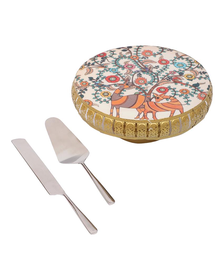 Multicolor Metal Cake Platter with Knife & Server