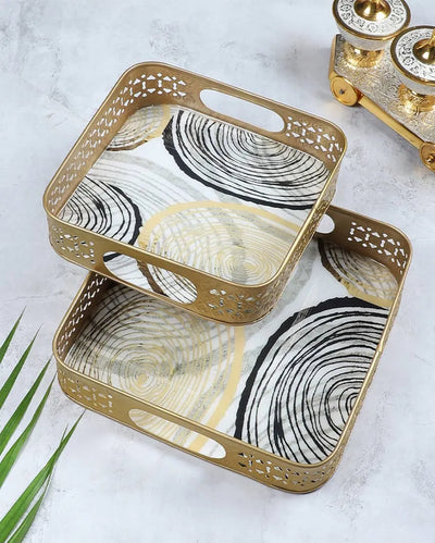 Black & Gold Ring Deisgn Metal Tray | Set of 2