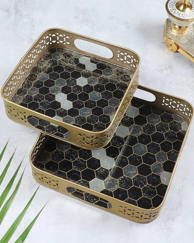 Black & Grey Blocks Meena Metal Tray | Set of 2