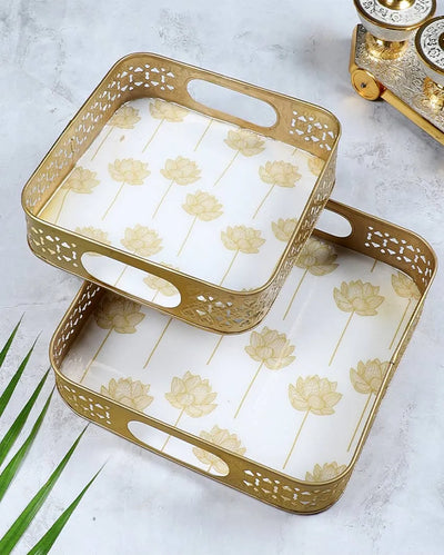 Gold Lotus Meena Metal Tray | Gold| Set of 2