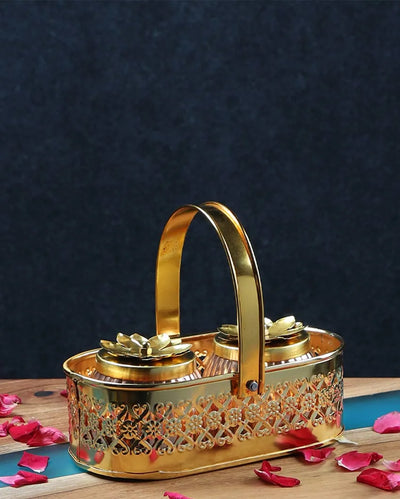 Metal Basket With Two Jar Set | Gold