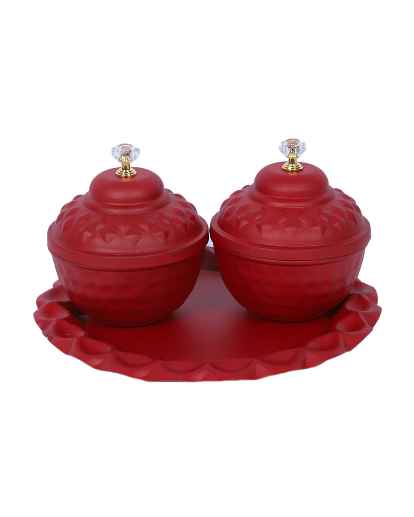 Festive Red Matki and Plate Dry Fruits Platte | Red | Pack of 3 | 200 ML