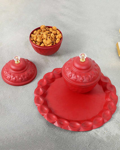 Festive Red Matki and Plate Dry Fruits Platte | Red | Pack of 3 | 200 ML