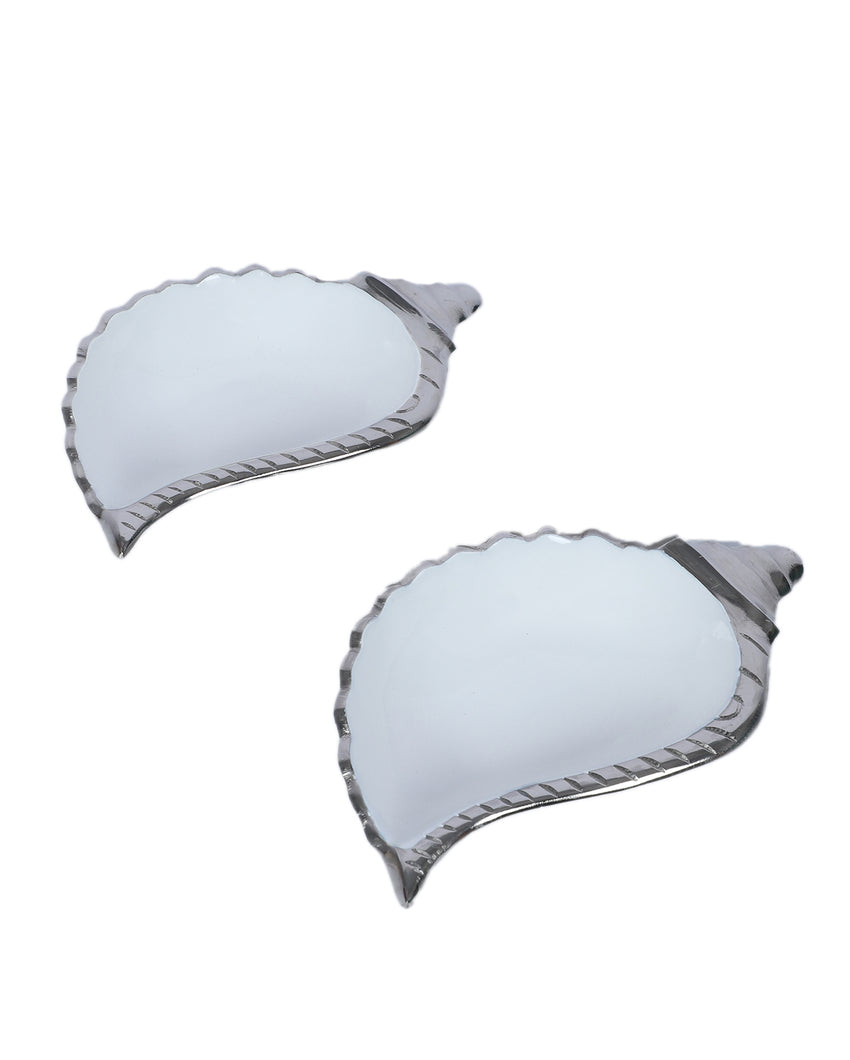 Elegant White and Silver Shell Shape Platter | Set of 2 | 300 ML | 8 x 5 x 2 inches