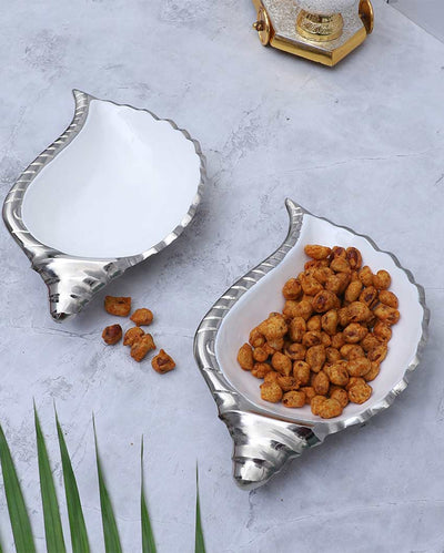 Elegant White and Silver Shell Shape Platter | Set of 2 | 300 ML | 8 x 5 x 2 inches