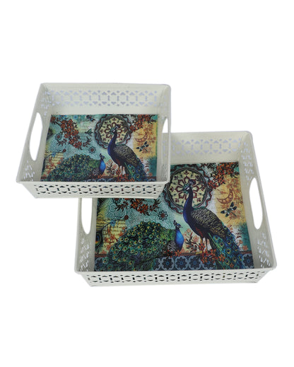 Vibrant Colorful Peacock White Tray | Set of 2