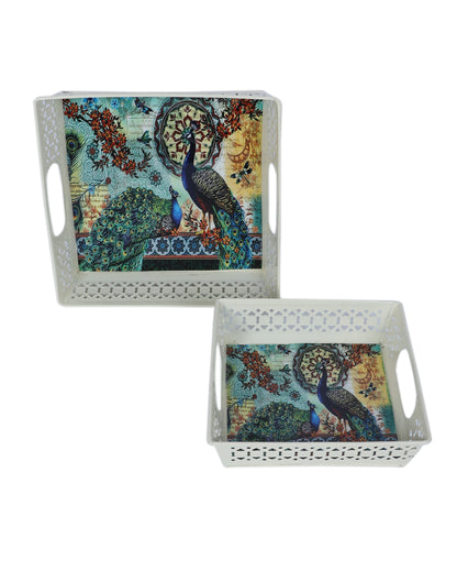 Vibrant Colorful Peacock White Tray | Set of 2