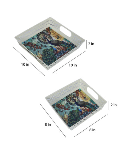 Vibrant Colorful Peacock White Tray | Set of 2