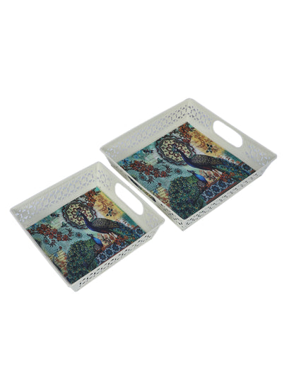 Vibrant Colorful Peacock White Tray | Set of 2