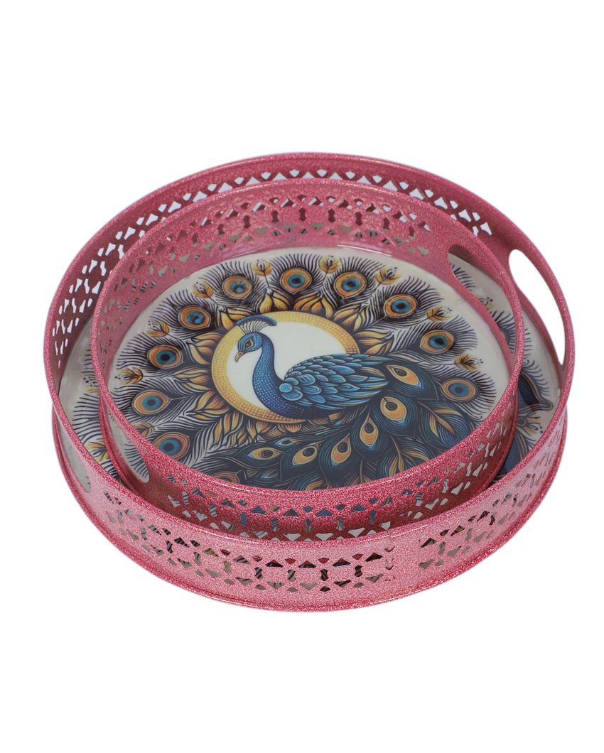 Charming Pink Round Peacock Tray | Set of 2