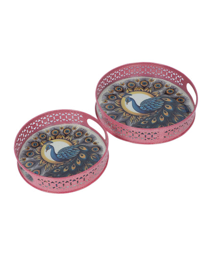 Charming Pink Round Peacock Tray | Set of 2