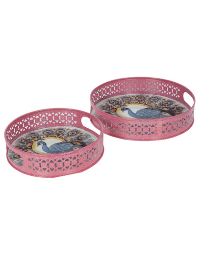 Charming Pink Round Peacock Tray | Set of 2