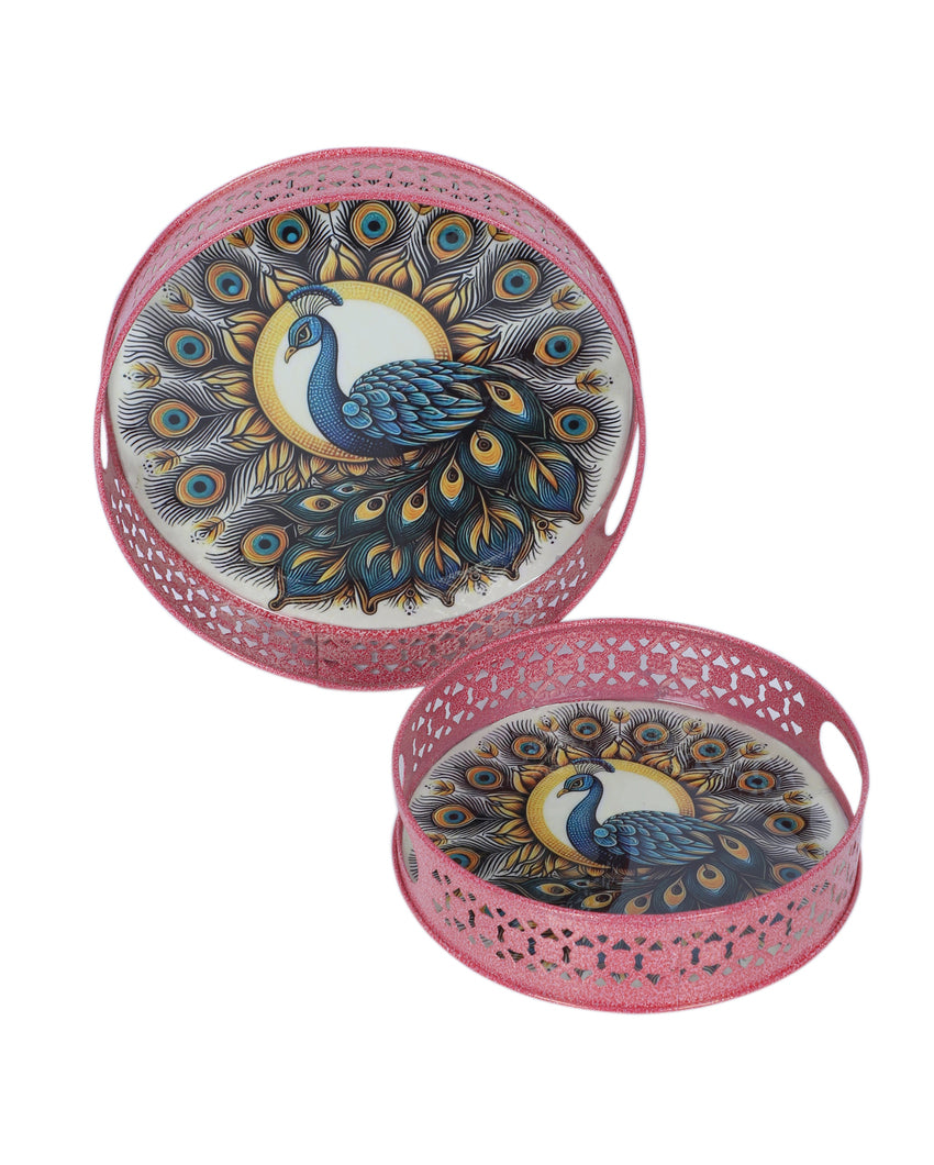 Charming Pink Round Peacock Tray | Set of 2