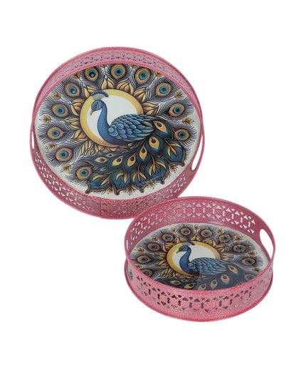 Charming Pink Round Peacock Tray | Set of 2