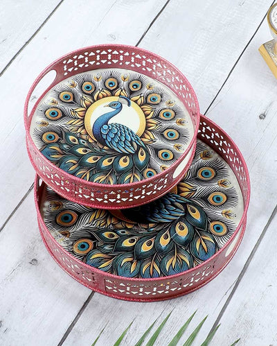 Charming Pink Round Peacock Tray | Set of 2