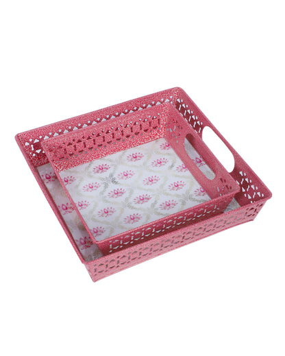 Graceful White and Pink Lotus Square Tray | Set of 2