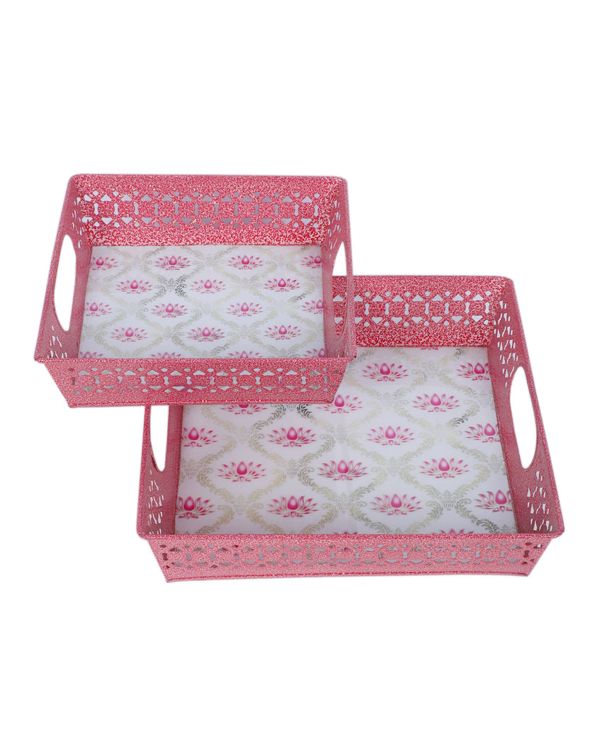 Graceful White and Pink Lotus Square Tray | Set of 2