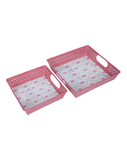 Graceful White and Pink Lotus Square Tray | Set of 2