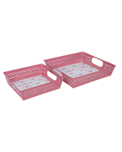 Graceful White and Pink Lotus Square Tray | Set of 2