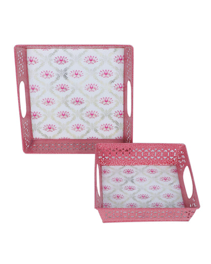 Graceful White and Pink Lotus Square Tray | Set of 2