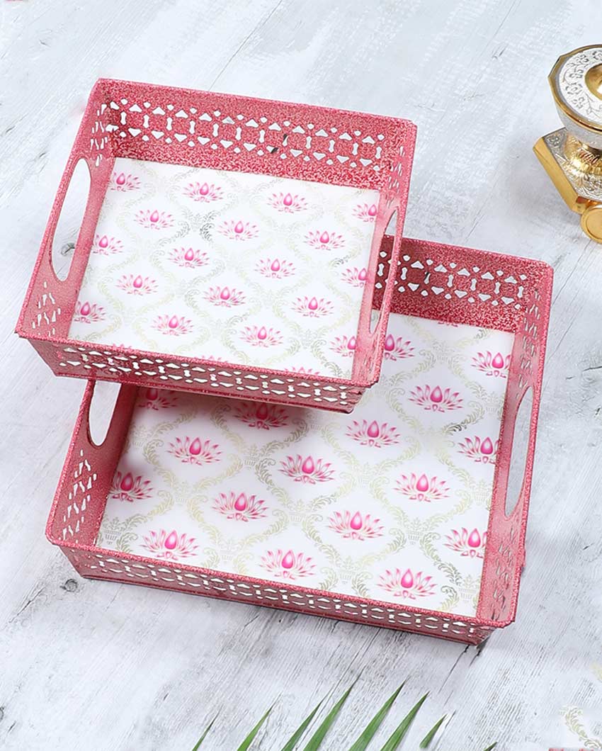 Graceful White and Pink Lotus Square Tray | Set of 2