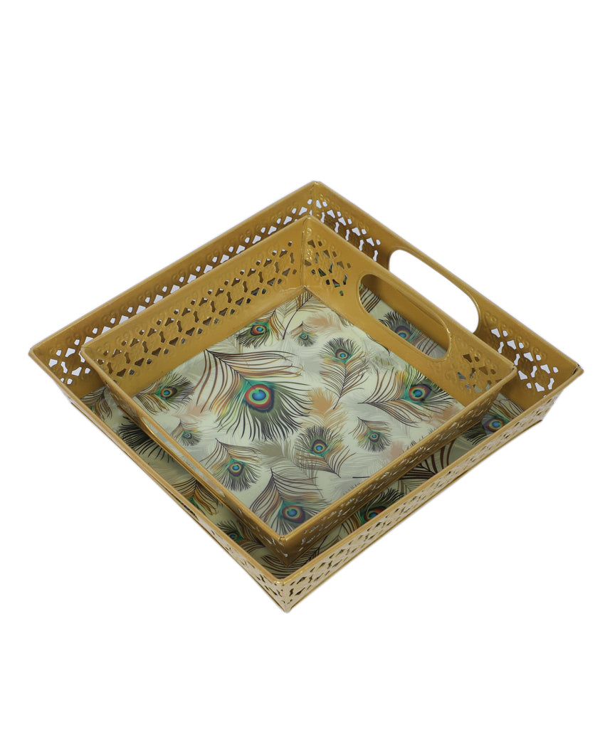 Classic White and Golden Peacock Feather Print Tray | Set of 2