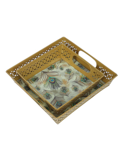 Classic White and Golden Peacock Feather Print Tray | Set of 2