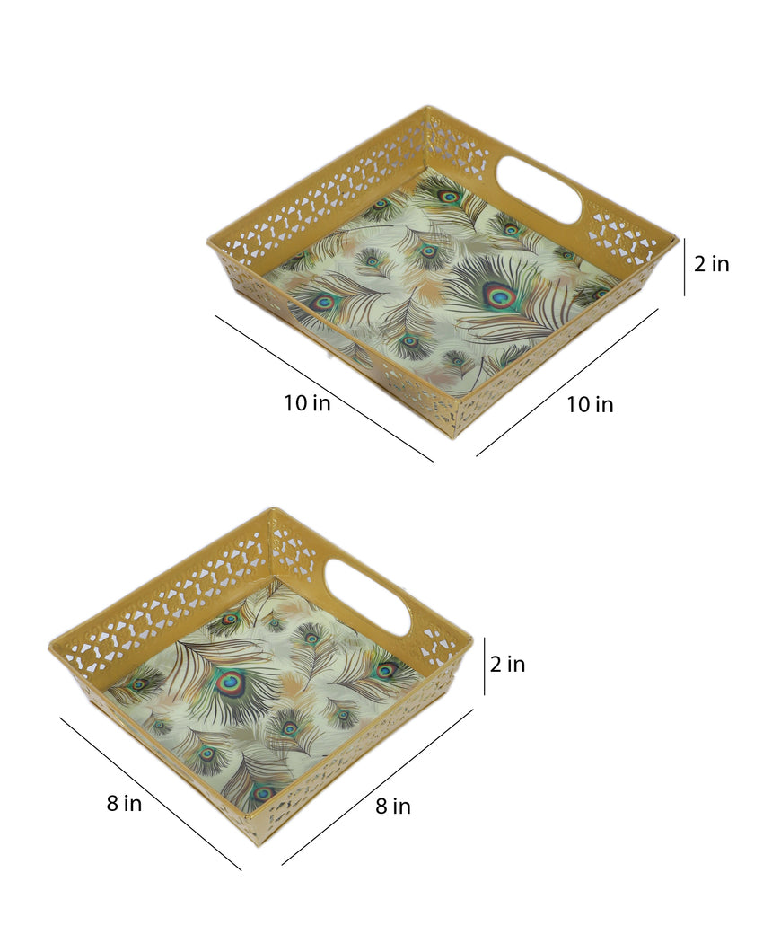 Classic White and Golden Peacock Feather Print Tray | Set of 2