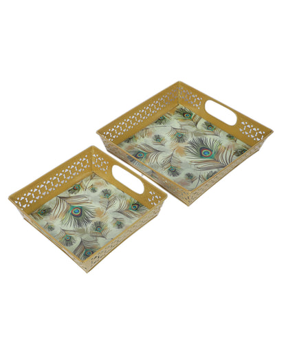 Classic White and Golden Peacock Feather Print Tray | Set of 2