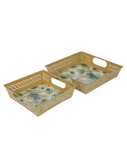 Classic White and Golden Peacock Feather Print Tray | Set of 2