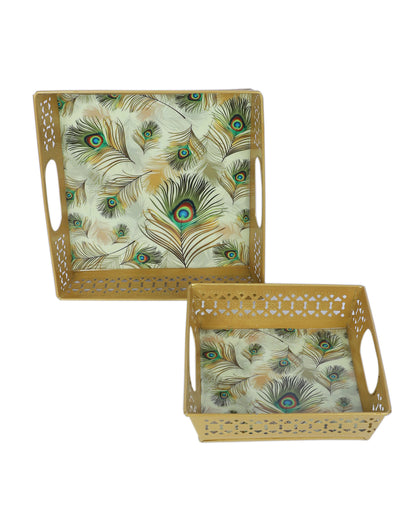 Classic White and Golden Peacock Feather Print Tray | Set of 2