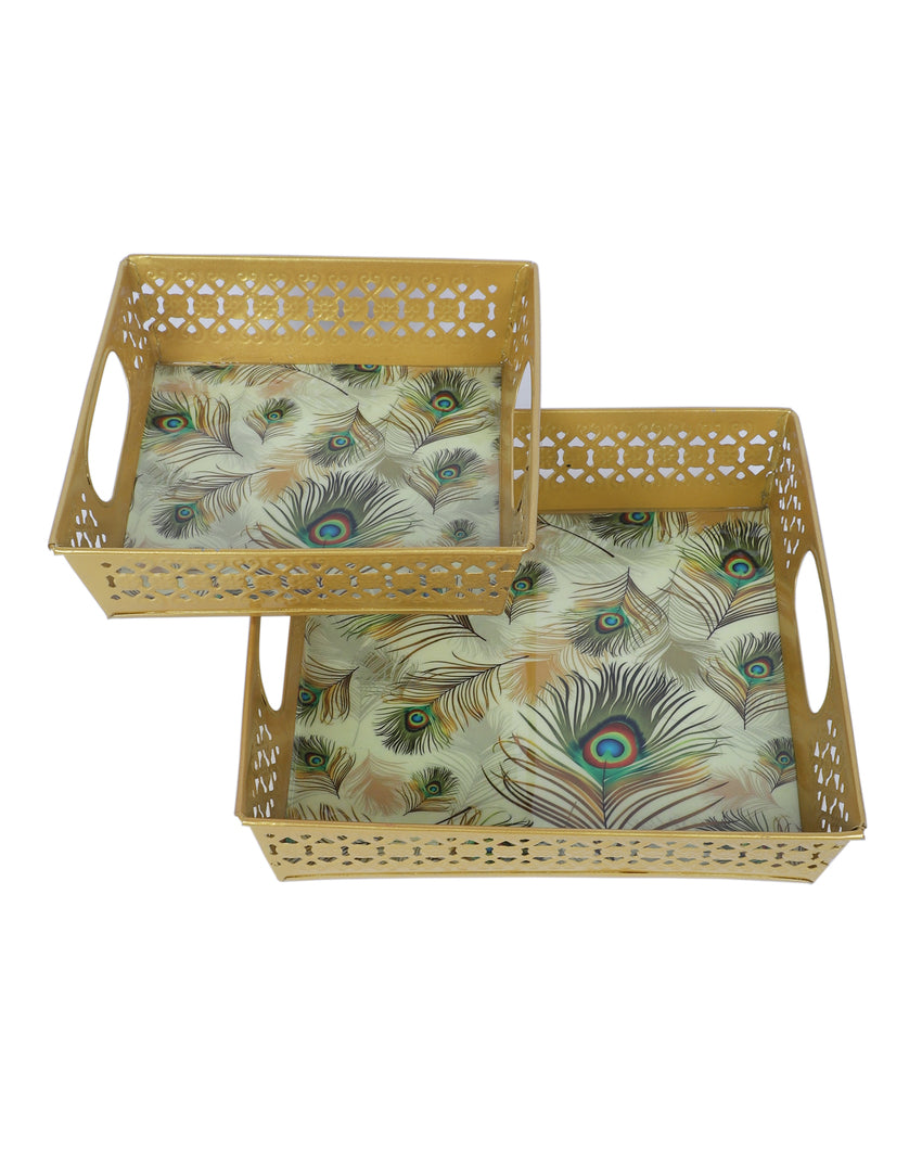 Classic White and Golden Peacock Feather Print Tray | Set of 2