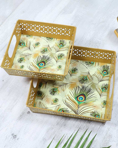 Classic White and Golden Peacock Feather Print Tray | Set of 2