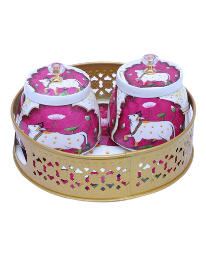 Lovely Pink and White Cow Tray With Jars | Pack of 3