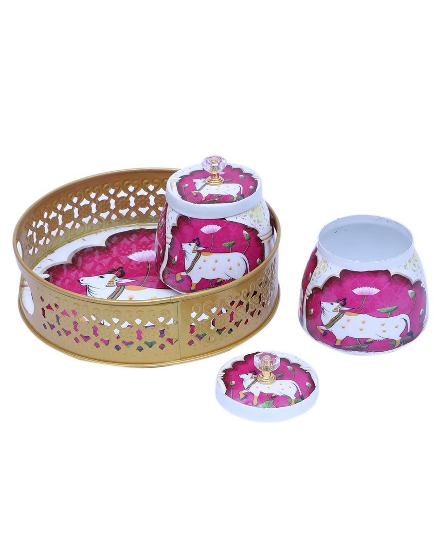 Lovely Pink and White Cow Tray With Jars | Pack of 3