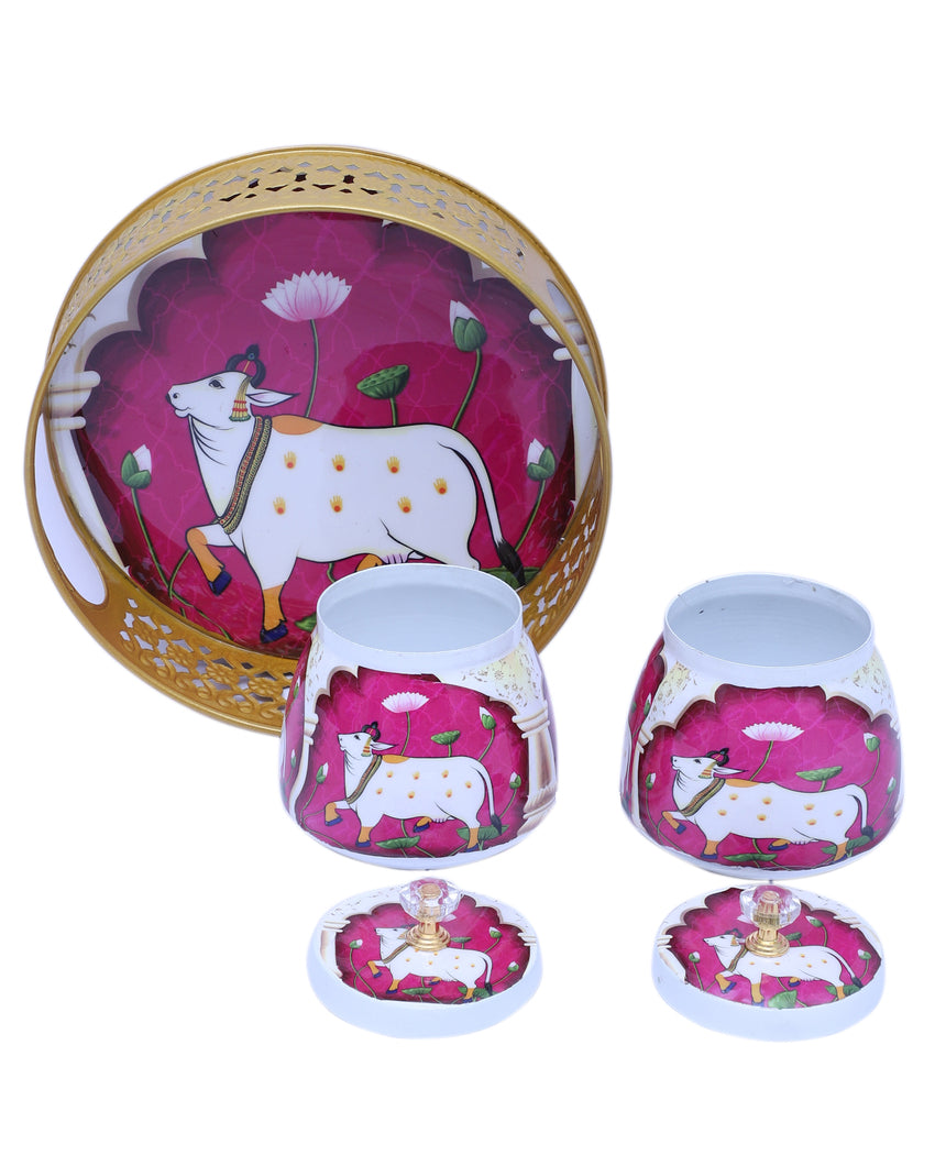 Lovely Pink and White Cow Tray With Jars | Pack of 3