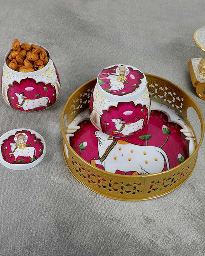 Lovely Pink and White Cow Tray With Jars | Pack of 3