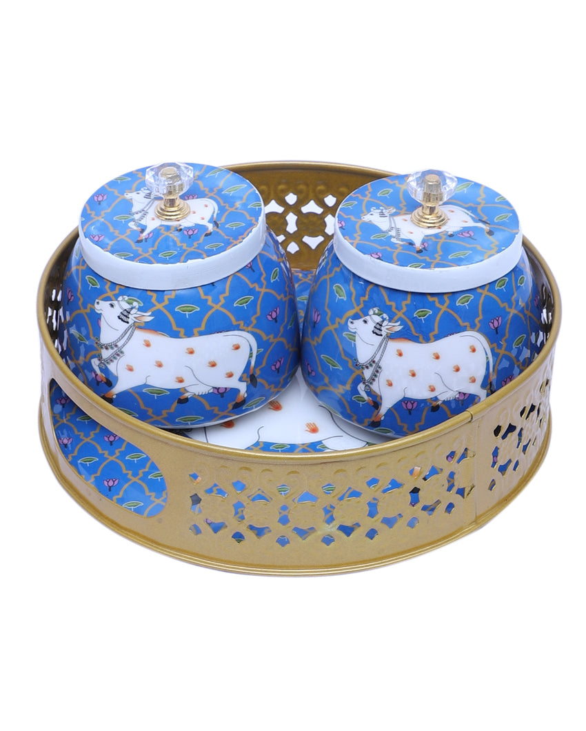 Charming Blue and White Cow Tray With Jars | Pack of 3