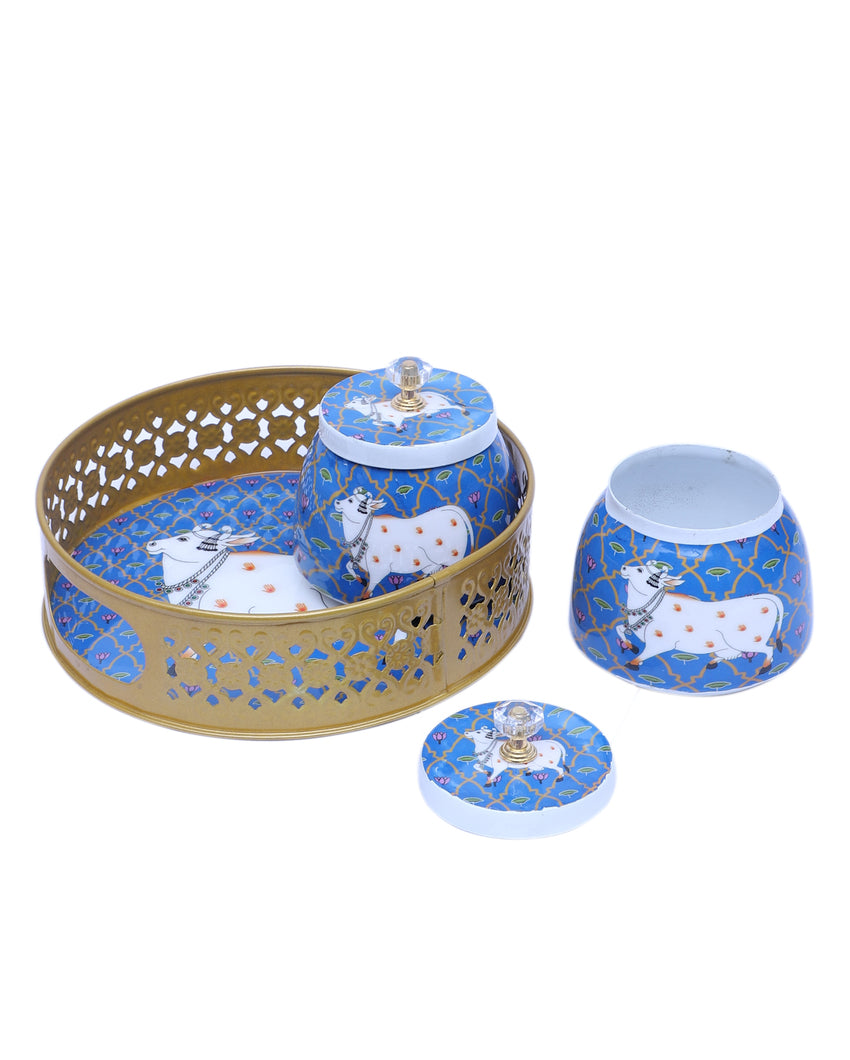 Charming Blue and White Cow Tray With Jars | Pack of 3