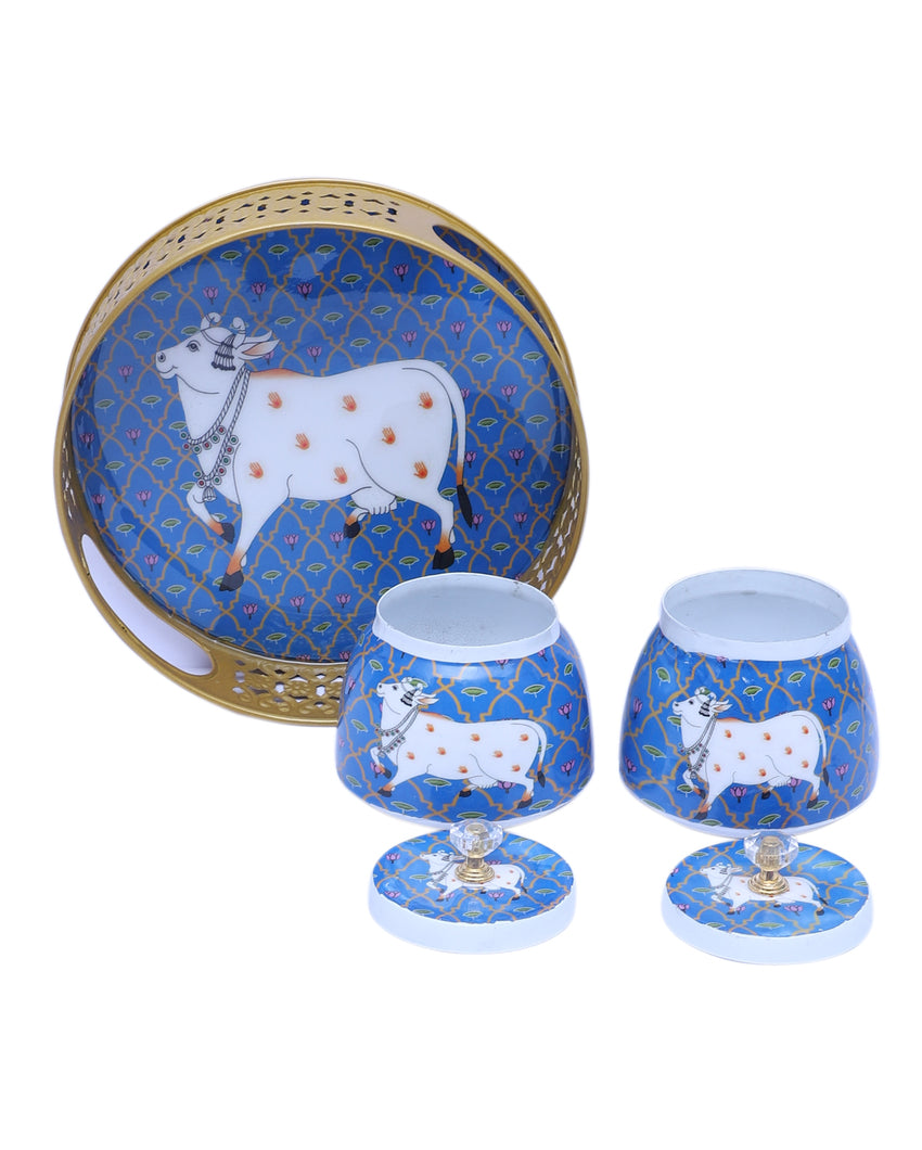 Charming Blue and White Cow Tray With Jars | Pack of 3