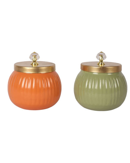 Elegant Design Orange and Green Metal Jar with Lid | Set of 2 | 4 x 5 inches | 200ml