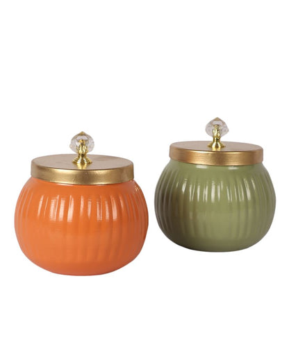 Elegant Design Orange and Green Metal Jar with Lid | Set of 2 | 4 x 5 inches | 200ml