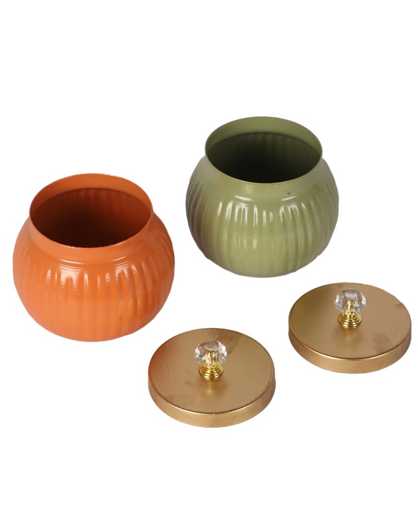 Elegant Design Orange and Green Metal Jar with Lid | Set of 2 | 4 x 5 inches | 200ml