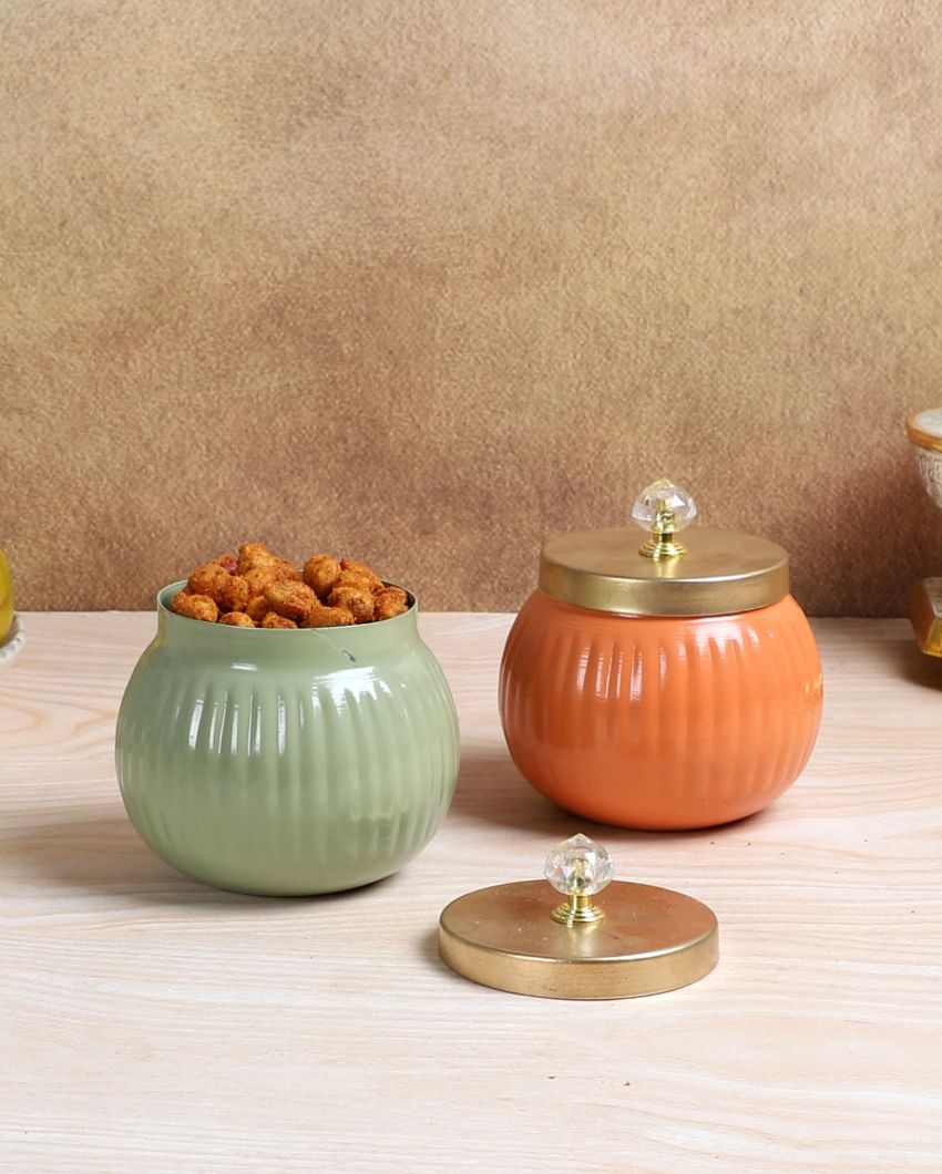 Elegant Design Orange and Green Metal Jar with Lid | Set of 2 | 4 x 5 inches | 200ml