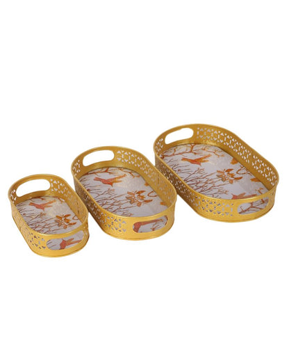 Oval Shaped Golden Shade Tree and Bird Meena Trays | Set of 3